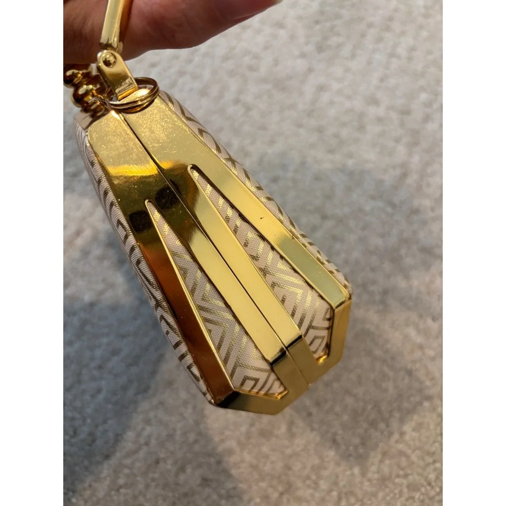 NWOT Bijoux Terner Evening Clutch Bag Small Gold‎ Cream Greek Key Formal Glam